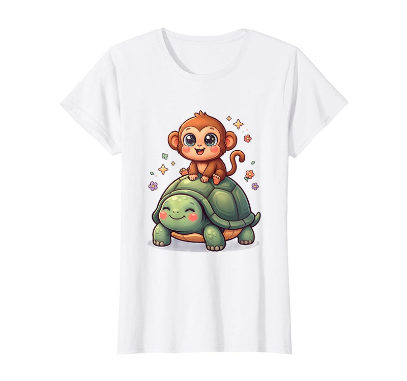 Mademark Small Monkey Riding Giant Tortoise Funny Animal Art T-Shirt - Women - White
