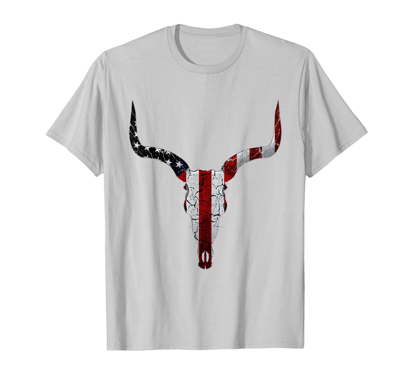 Cow skull USA Flag Bull Skull American Flag Cow Skull Western Graphic Wild West T-Shirt - Silver Grey