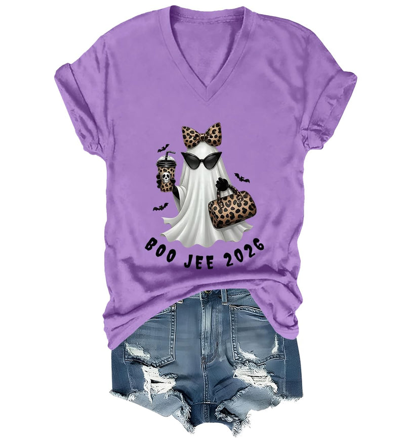 WQFQW Boo JEE 2026 Ghost Funny Halloween Leopard Print Ghost Shirt for Women - Purple-vneck