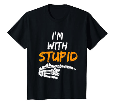 I'm With Stupid Shirts I'm with Stupid Skeleton Hand Pointing Right Funny Halloween T-Shirt
