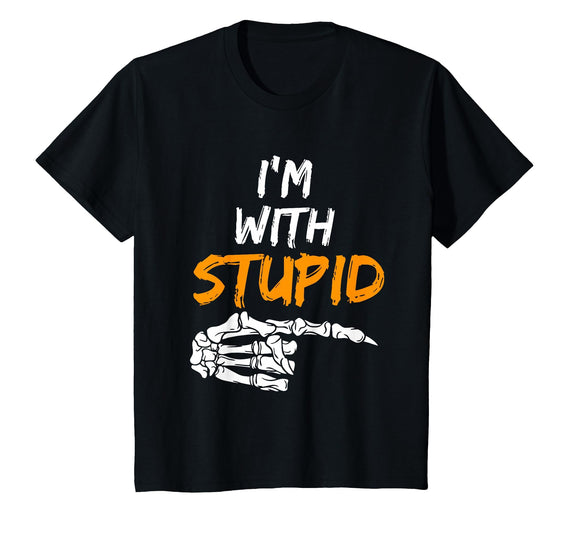 I'm With Stupid Shirts I'm with Stupid Skeleton Hand Pointing Right Funny Halloween T-Shirt - Black