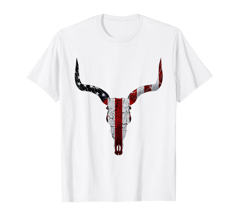 Cow skull USA Flag Bull Skull American Flag Cow Skull Western Graphic Wild West T-Shirt - White