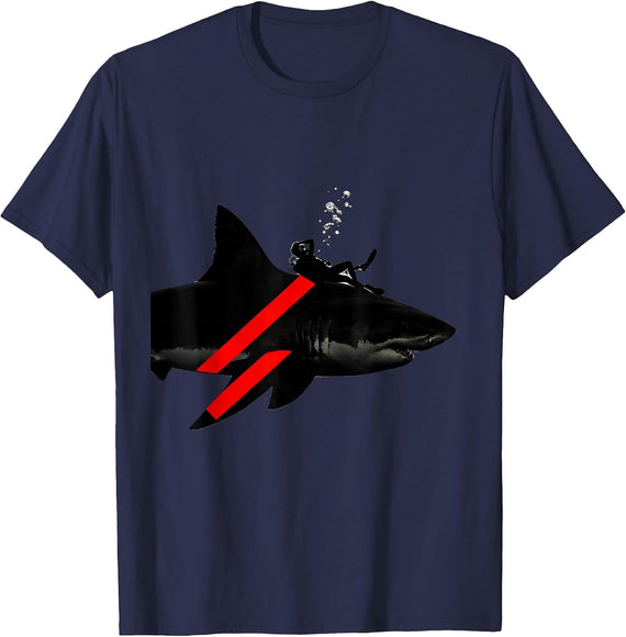 Shark With Diver Silhouette Scuba Diving Humor T-Shirt - Navy Blue