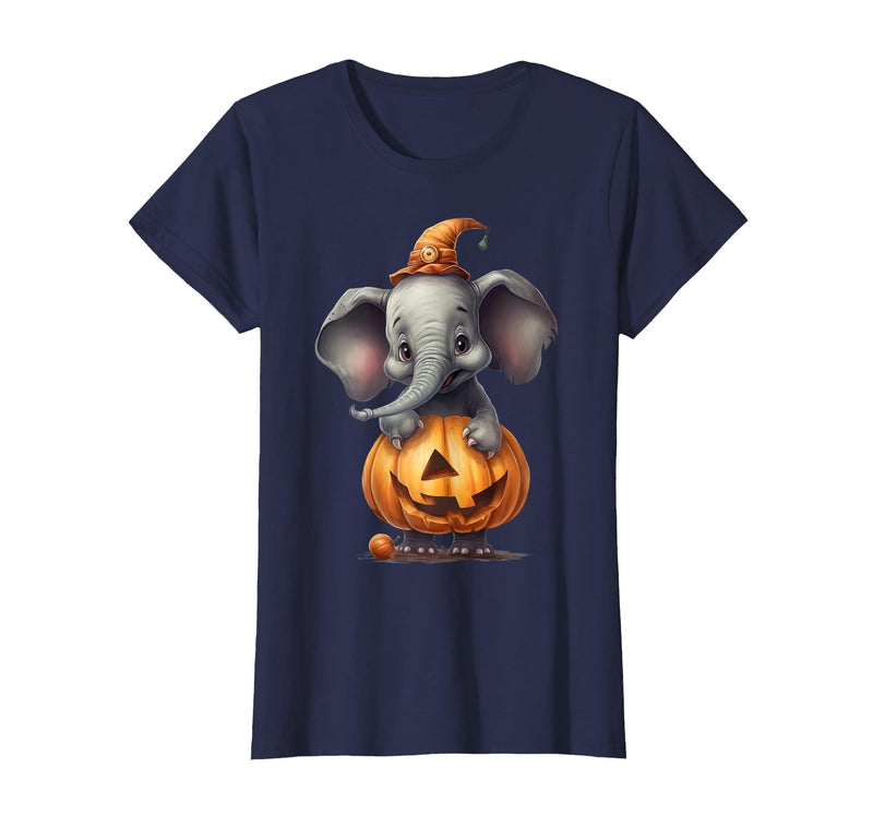 Cute Elephant Wearing A Pumpkin Halloween Cloths Cute Elephant Wearing A Pumpkin Halloween Funny Elephant T-Shirt - Navy Blue
