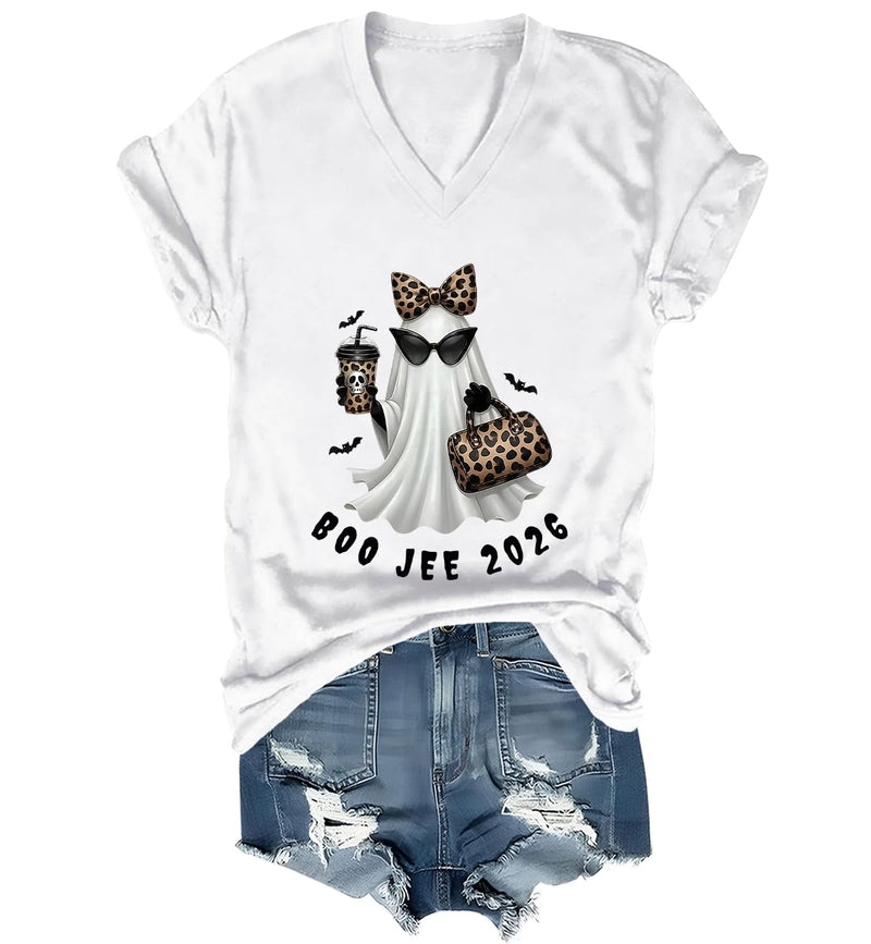 WQFQW Boo JEE 2026 Ghost Funny Halloween Leopard Print Ghost Shirt for Women - White-vneck