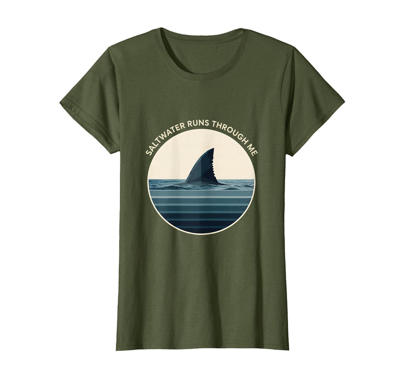 Mademark Saltwater Runs Through Me Shark Design T-Shirt - Olive Green