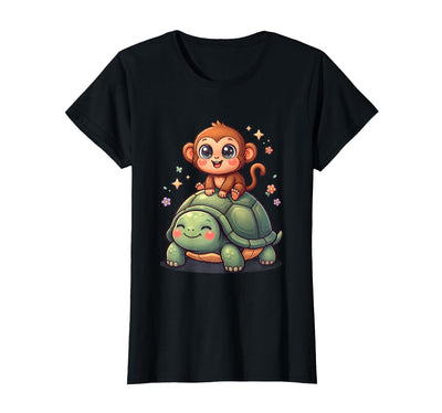 Small Monkey Riding Giant Tortoise Funny Animal Art T-Shirt - Women