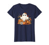 Ghost Halloween Flower Costume Floral Women Cute Ghost with Flower Halloween Pumpkin Autumn Women T-Shirt - Navy Blue