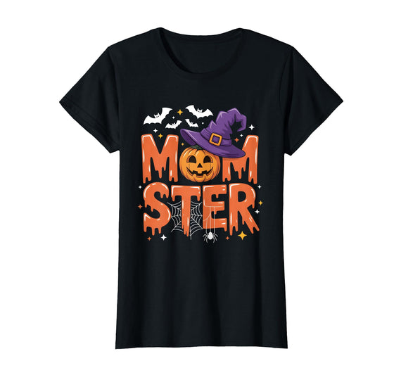 Mom-ster Halloween Funny Witch Hat Pumpkin Mom Momster Mom Mommy Matching Family Halloween Costume Women T-Shirt - Black