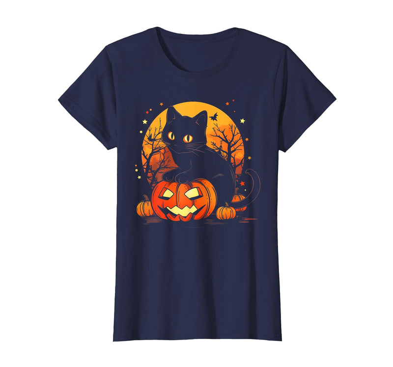 Black Cat Halloween Pumpkin Gifts Retro Black Cat Halloween Pumpkin Costume for Women Men Kids T-Shirt - Navy Blue