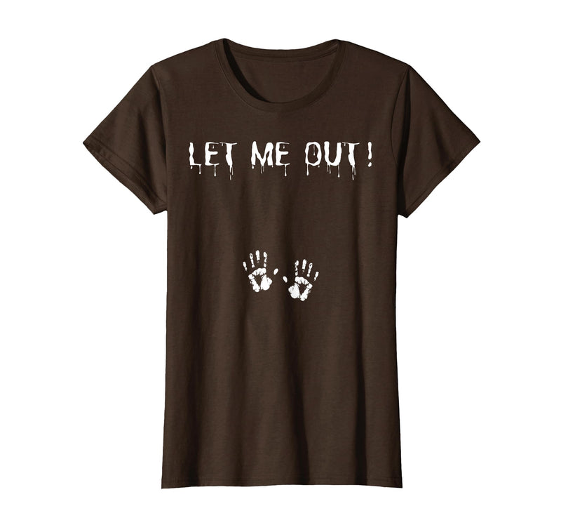 Spooky Halloween Costume Outfit Vintage Let Me Out Pregnancy Hand Print Pregnant Halloween T-Shirt - Brown
