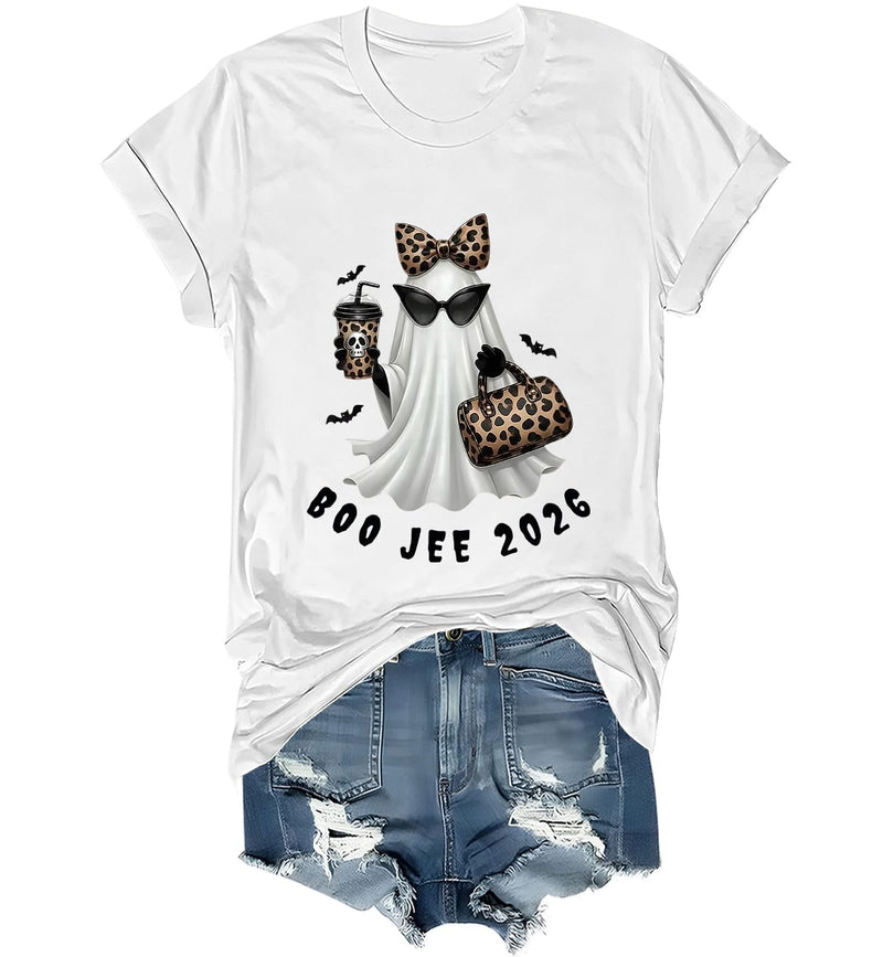 WQFQW Boo JEE 2026 Ghost Funny Halloween Leopard Print Ghost Shirt for Women - White