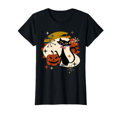 Creepy Hallows Designs Black Cat and Pumpkin Atomic Retro Halloween T-Shirt