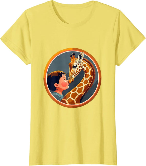 Kid and Giraffe Nose Press Cute Animal Design T-Shirt - Lemon Yellow