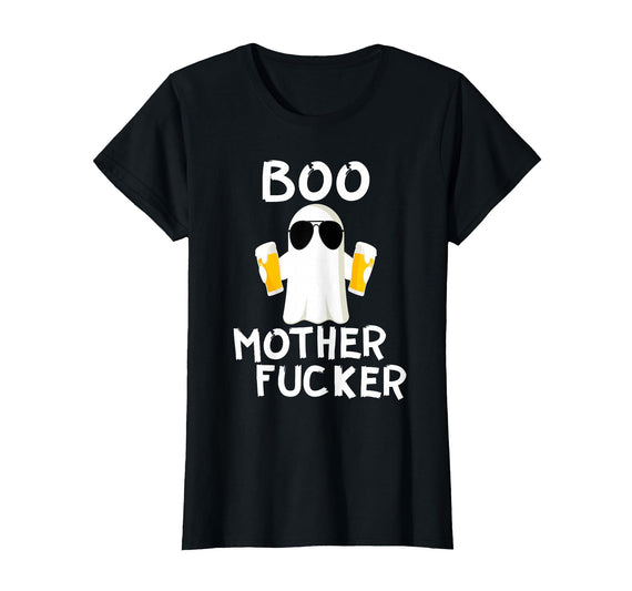 Vulgar Halloween Tee Shop Boo Motherfucker Funny Beer Drinking Ghost Adult Halloween T-Shirt - Black
