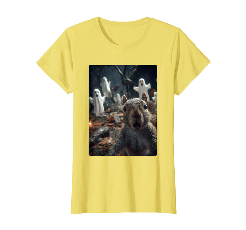 Funny Halloween Animals Selfies Clothing Funny Squirrel Selfie with Ghosts Haunted Forest Halloween T-Shirt - Lemon Yellow