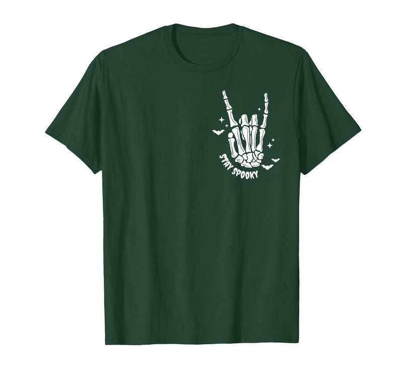 Funny Skeleton Halloween Vintage Stay Spooky Hand Skeleton Happy Halloween Pocket T-Shirt - Dark Green
