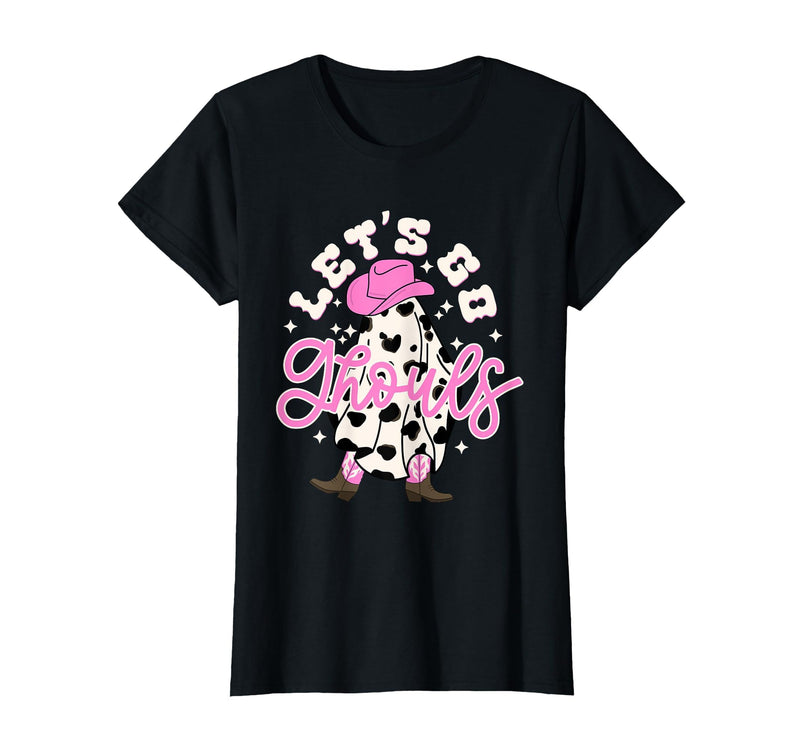 Let's Go Ghouls Cow Print Halloween Costumes Let's Go Ghouls Cowgirl Western Spooky Halloween Cute Retro T-Shirt - Black