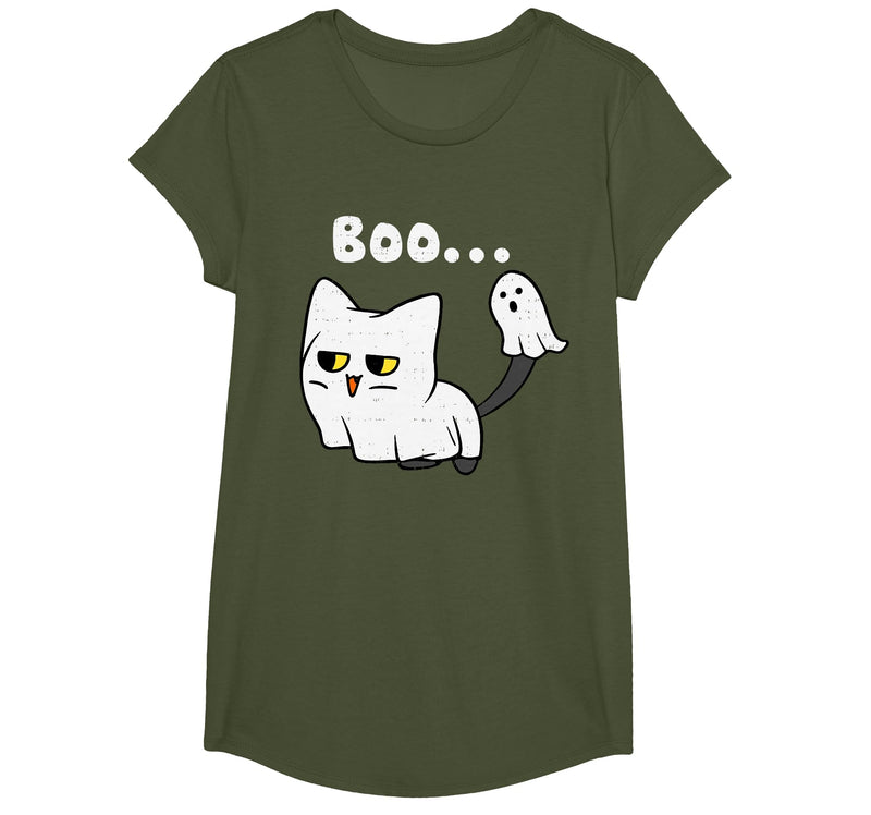 Halloween Tees Women Men Kids Cat Boo Ghost Cute Kitty Spooky Funny Halloween Meow Pet T-Shirt - Olive Green