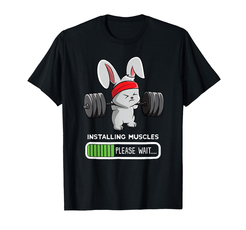 Bunny Gym Rabbit Weights Installing Muscles T-Shirt in Black