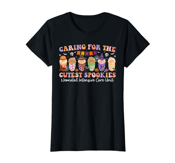 Halloween NICU Nurse Neonatal Intensive Care Caring for The Cutest Little Spookies NICU Nurse Halloween T-Shirt - Black