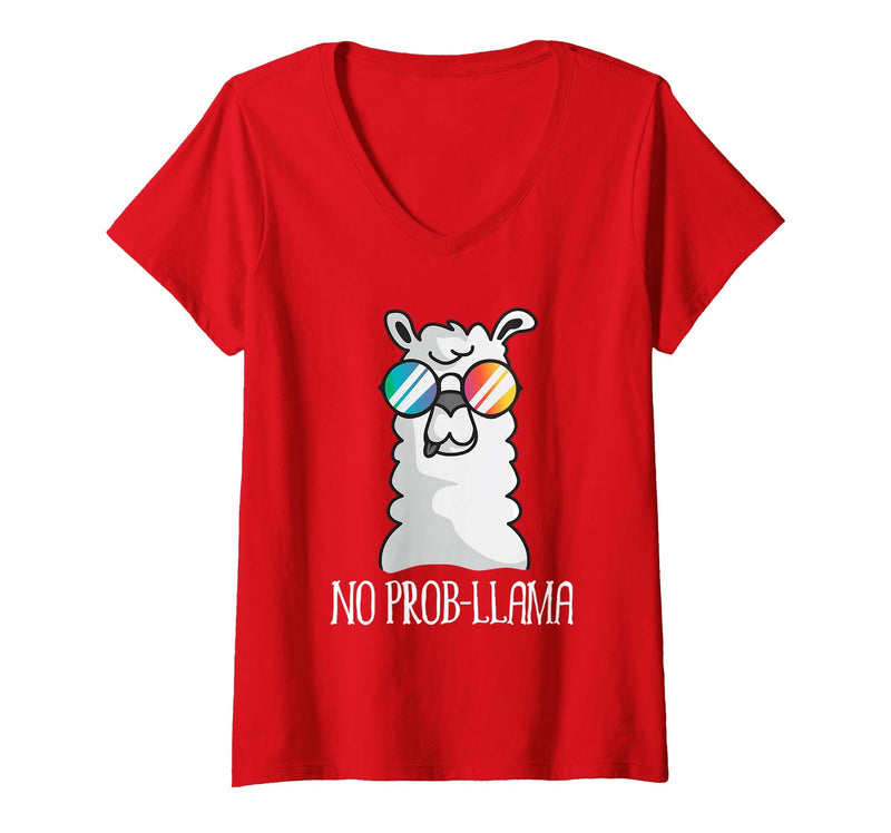 Llama Life Apparel Women's No Prob-Llama No Problem Cute Funny Cool Llama Alpaca V-Neck T-Shirt - Red