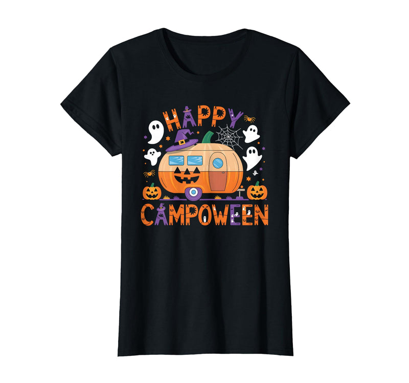 Spooky Camp-O-Ween Ghosts and Campfire Apparel Happy Camp-O-Ween Halloween Camping Ghosts and Campfires T-Shirt - Black