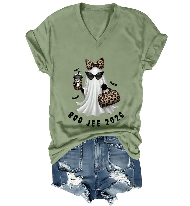 WQFQW Boo JEE 2026 Ghost Funny Halloween Leopard Print Ghost Shirt for Women - Green-vneck