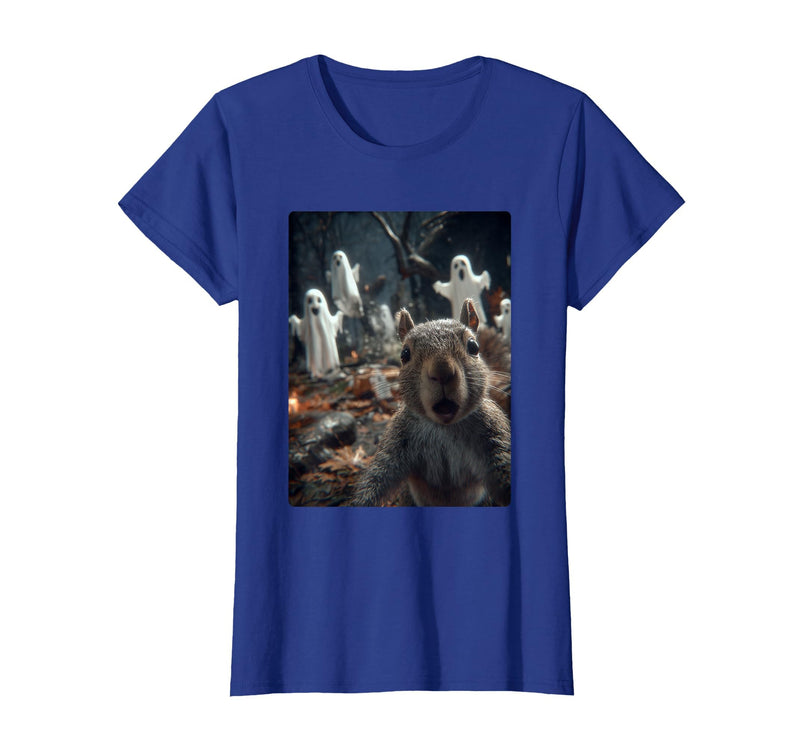 Funny Halloween Animals Selfies Clothing Funny Squirrel Selfie with Ghosts Haunted Forest Halloween T-Shirt - Royal Blue