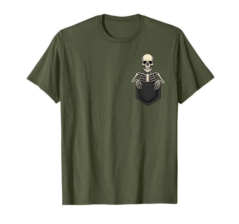 Funny Pocket Skeleton Halloween T Shirt For Men Funny Skeleton in The Pocket Halloween Kids Teens Adults T-Shirt - Olive