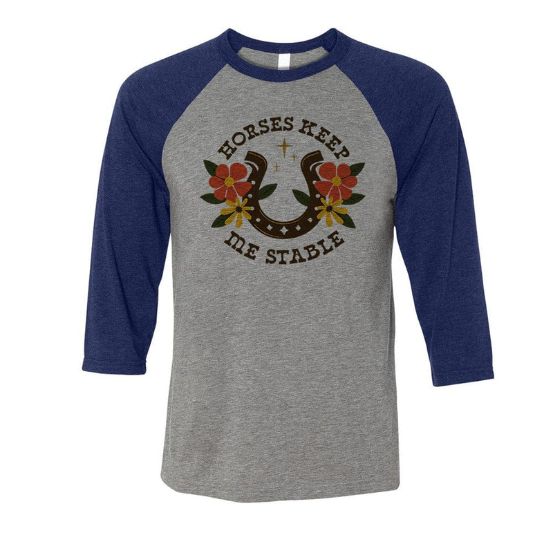 TeesAndTankYou Horses Keep Me Stable Three-Quarter Raglan Sleeve Baseball Shirt Unisex - Grey/Navy