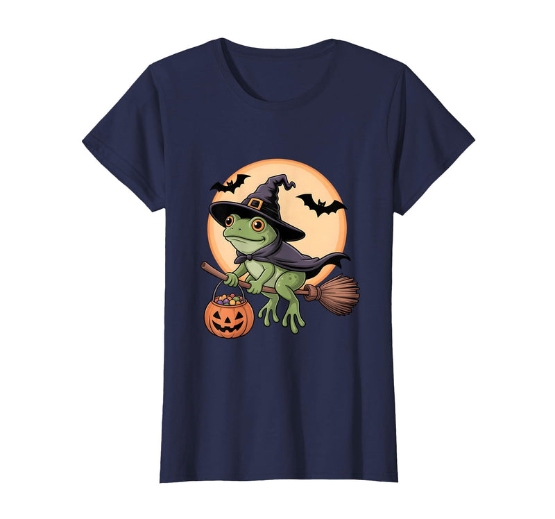 Frog Lover Halloween Party Wear Frog Witch Hat Pumpkin Halloween Costume Men Women Kids T-Shirt - Navy Blue
