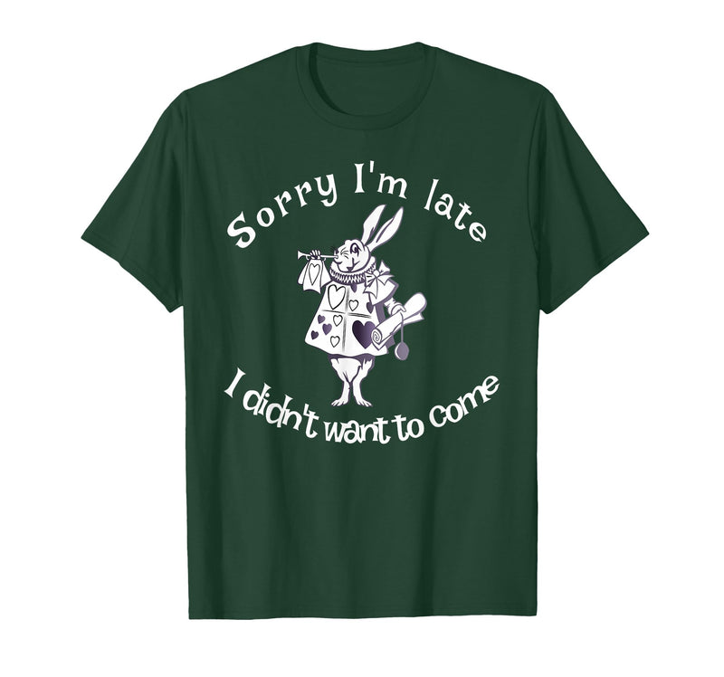 Sorry I'm Late, I Didn't Want to Come White Rabbit Watch T-Shirt in Dark Green