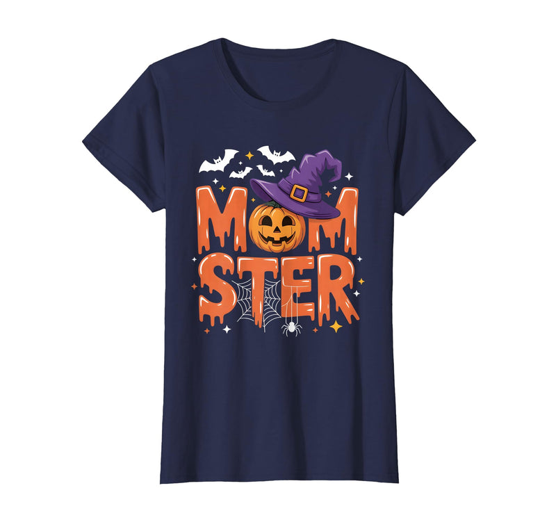 Mom-ster Halloween Funny Witch Hat Pumpkin Mom Momster Mom Mommy Matching Family Halloween Costume Women T-Shirt - Navy Blue