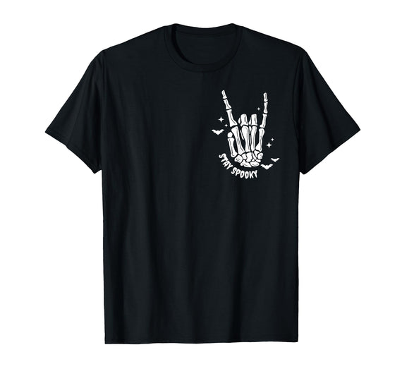 Funny Skeleton Halloween Vintage Stay Spooky Hand Skeleton Happy Halloween Pocket T-Shirt - Black
