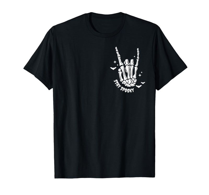 Funny Skeleton Halloween Vintage Stay Spooky Hand Skeleton Happy Halloween Pocket T-Shirt - Black