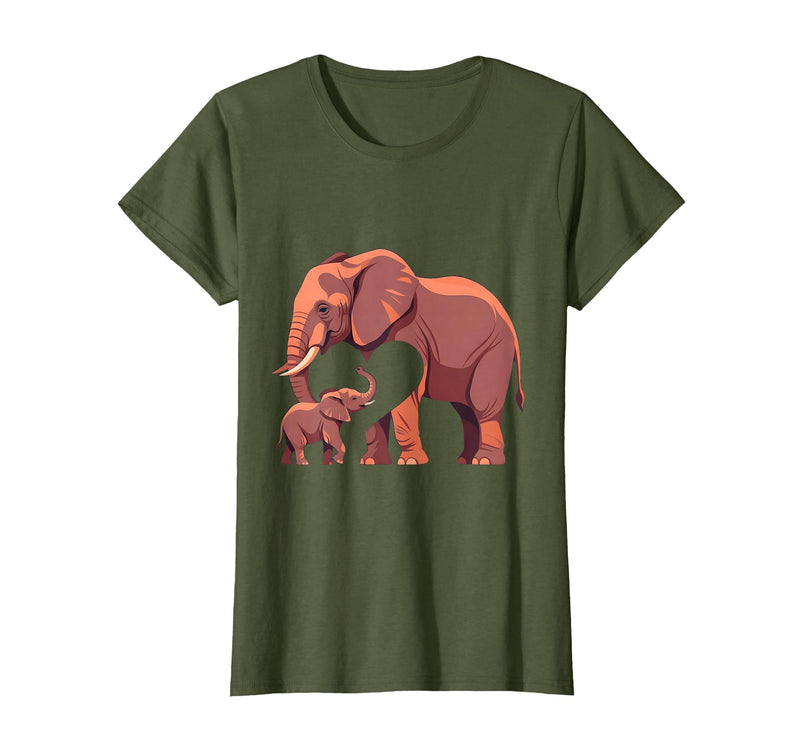 Mademark Elephant Mother and Calf Touching Trunks Design T-Shirt - Women - Olive Green