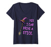 Halloween Spooky Season Women's Yes I Can Drive A Stick Funny Witch Hat Halloween Funny V-Neck T-Shirt - Navy Blue