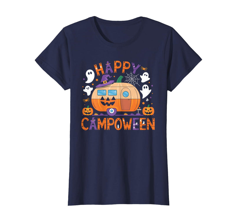 Spooky Camp-O-Ween Ghosts and Campfire Apparel Happy Camp-O-Ween Halloween Camping Ghosts and Campfires T-Shirt - Navy Blue
