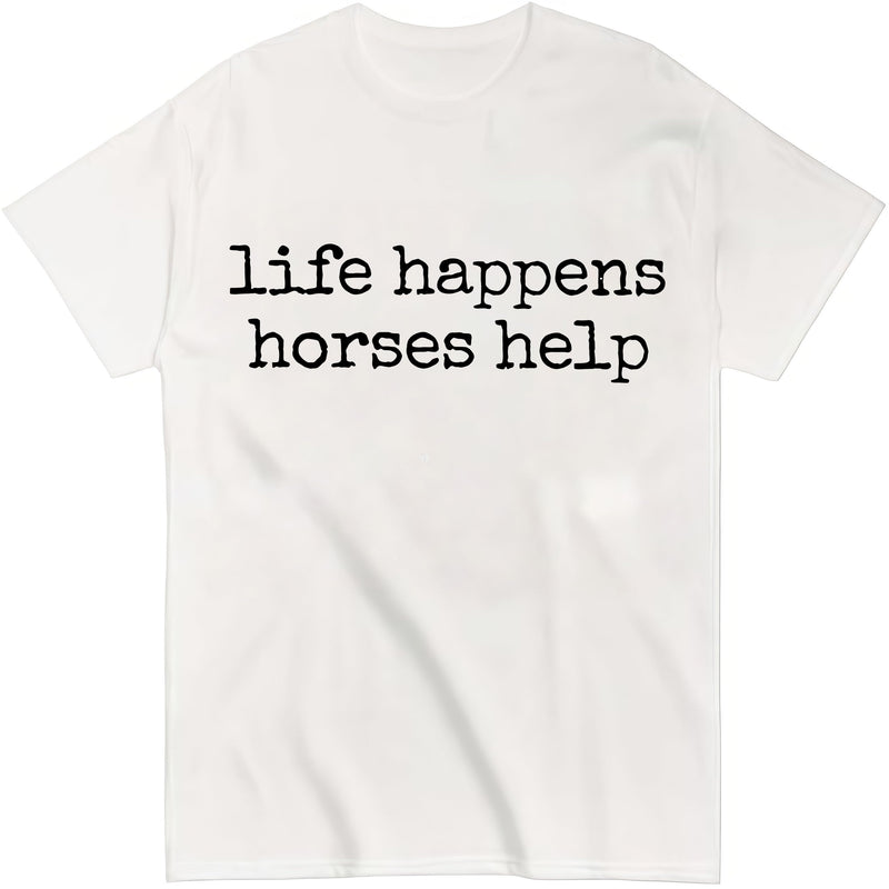Nusyouc Life Happens Horses Help Equestrian T-Shirt Vintage Horse Lover T Shirt Tops - White