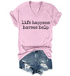 Nusyouc Life Happens Horses Help Equestrian T-Shirt Vintage Horse Lover T Shirt Tops - Pink-vneck