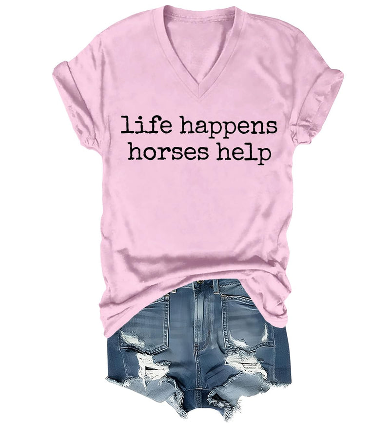Nusyouc Life Happens Horses Help Equestrian T-Shirt Vintage Horse Lover T Shirt Tops - Pink-vneck