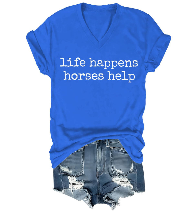 Nusyouc Life Happens Horses Help Equestrian T-Shirt Vintage Horse Lover T Shirt Tops - Sapphire Blue-vneck