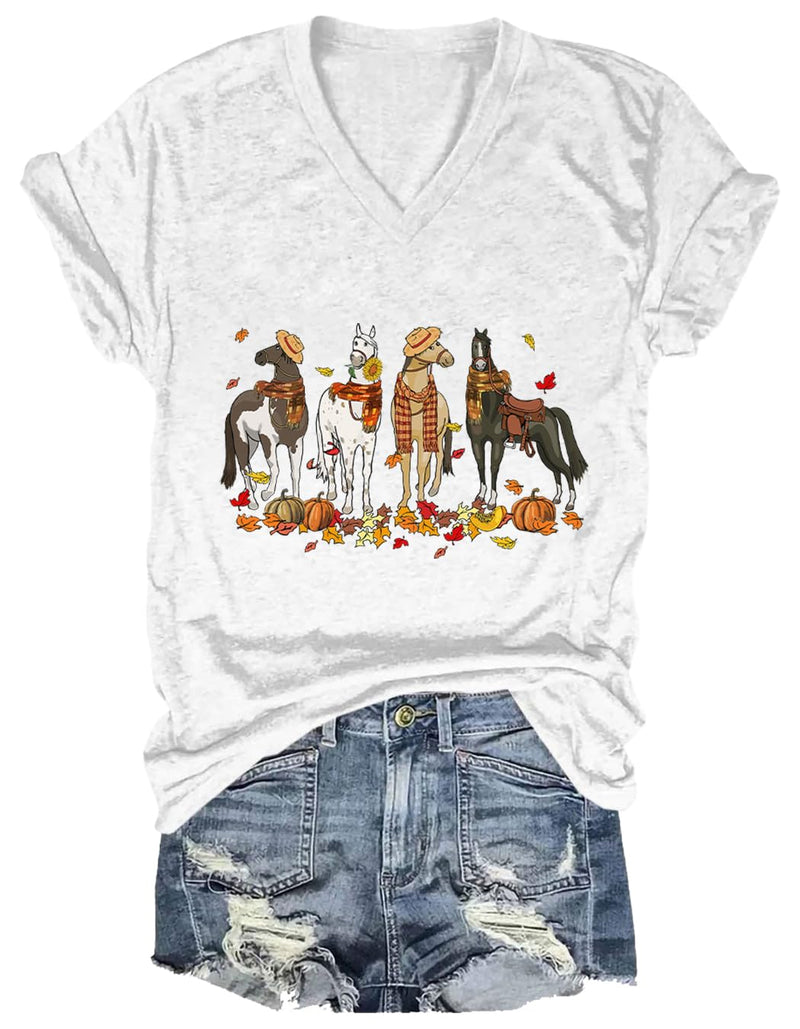 Niaday Fall Horse Shirt Men Women Graphic Short Sleeve T-Shirt Tee, Fall Season Horses Horse Lover Shirt - White1