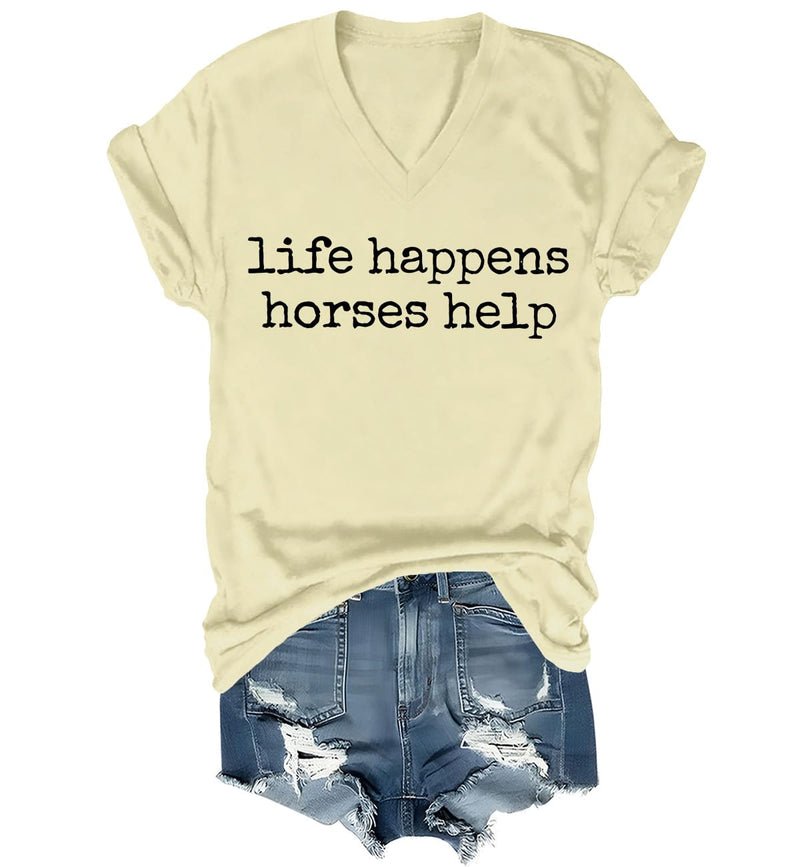 Nusyouc Life Happens Horses Help Equestrian T-Shirt Vintage Horse Lover T Shirt Tops - Creamy Yellow-vneck