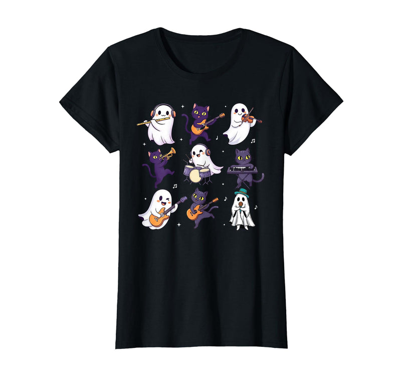 Halloween Music Teacher Ghost Music Lover Cute Ghost Cat Playing Musical Halloween Music Teacher T-Shirt - Black
