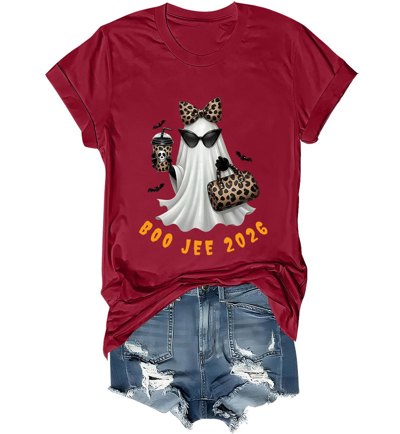 WQFQW Boo JEE 2026 Ghost Funny Halloween Leopard Print Ghost Shirt for Women - Claret