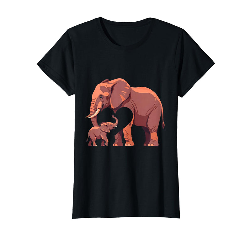 Mademark Elephant Mother and Calf Touching Trunks Design T-Shirt - Women - Black