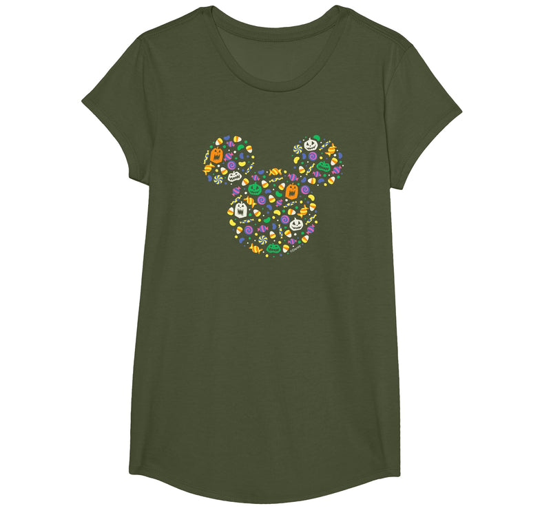 Disney Mickey Mouse Halloween Head Icon Pumpkins and Candy T-Shirt - Olive Green