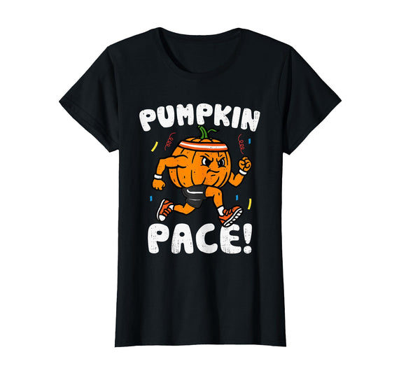 Halloween Tees for Women Men Kids Pumpkin Pace Running Halloween Fall Run Costume Funny T-Shirt - Black